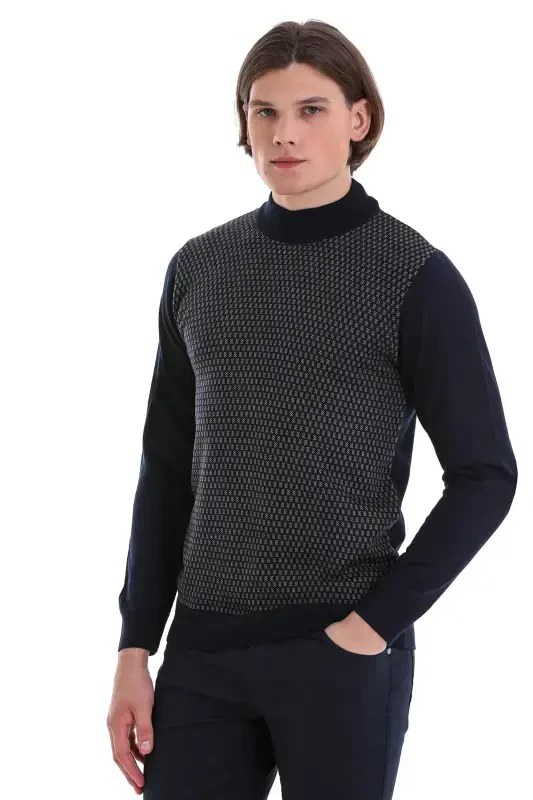 Navy Blue Regular Fit Jacquard Half Turtleneck Sweater - 1