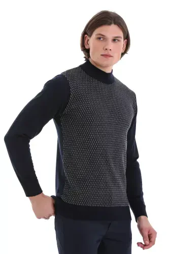 Navy Blue Regular Fit Jacquard Half Turtleneck Sweater - 3