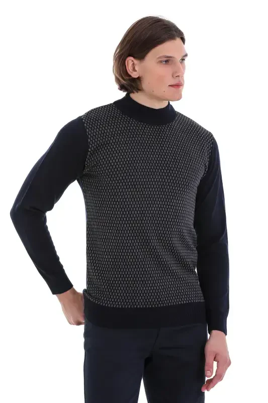 Navy Blue Regular Fit Jacquard Half Turtleneck Sweater - 4