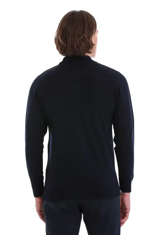 Navy Blue Regular Fit Jacquard Half Turtleneck Sweater - 6