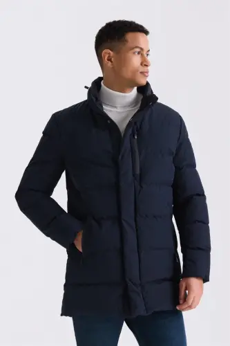 Navy Blue Regular Fit Mandarin Collar Zipped Winter Puffer Jacket 