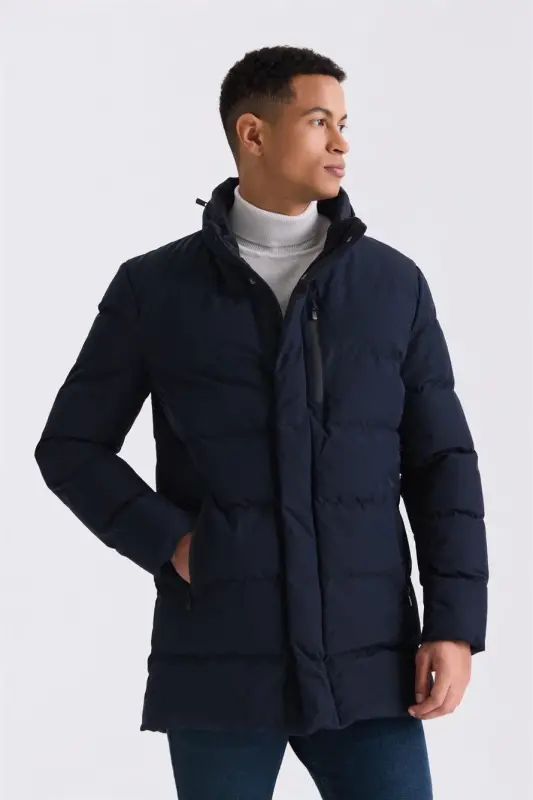 Navy Blue Regular Fit Mandarin Collar Zipped Winter Puffer Jacket - 1