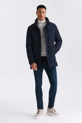 Navy Blue Regular Fit Mandarin Collar Zipped Winter Puffer Jacket - 2
