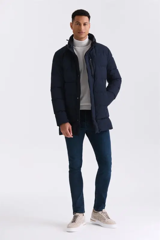 Navy Blue Regular Fit Mandarin Collar Zipped Winter Puffer Jacket - 2