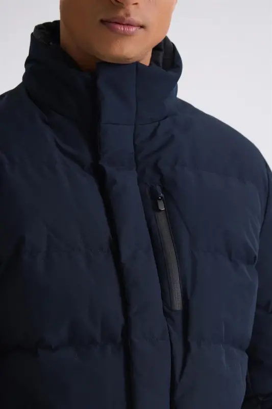 Navy Blue Regular Fit Mandarin Collar Zipped Winter Puffer Jacket - 3