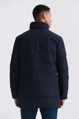 Navy Blue Regular Fit Mandarin Collar Zipped Winter Puffer Jacket - 4