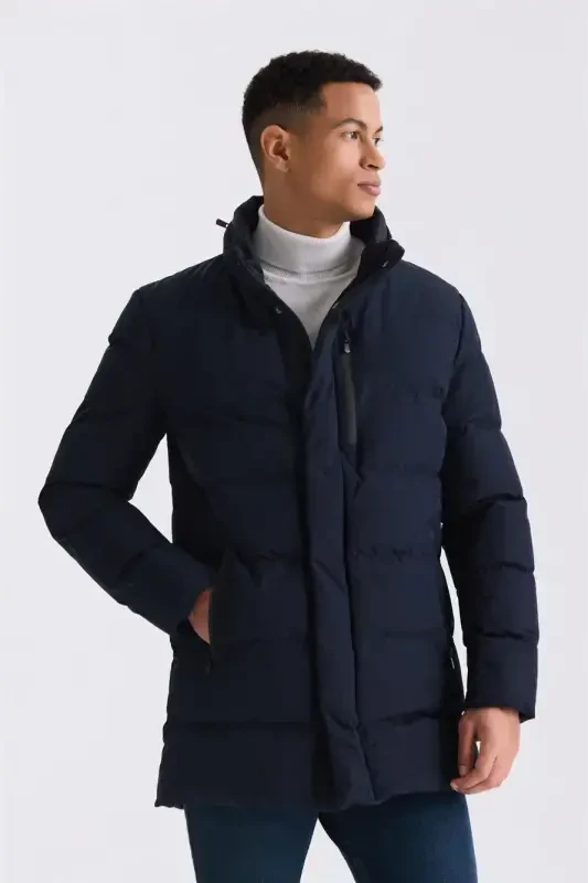Navy Blue Regular Fit Mandarin Collar Zippered Winter Puffer Jacket - JAKAMEN