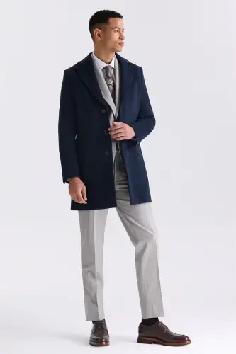 Navy Blue Regular Fit Mono Collar Wool Cashmere Coat - JAKAMEN (1)