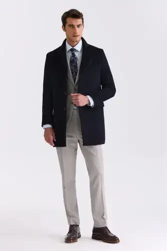 Navy Blue Regular Fit Mono Collar Woolen Cashmere Coat - JAKAMEN (1)