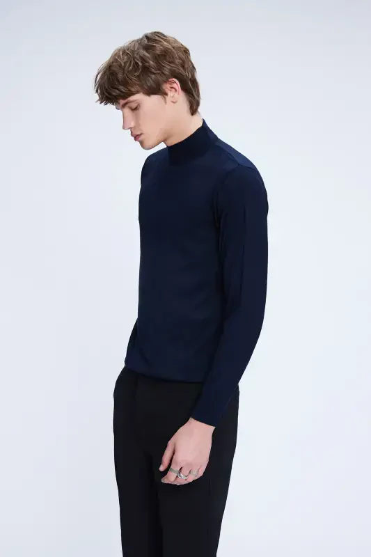 Navy Blue Regular Fit Plain Turtleneck Woolen - 3