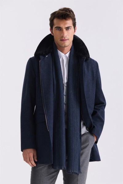 Navy Blue Regular Fit Removable Fur Collar Patterned Wool Coat - 5