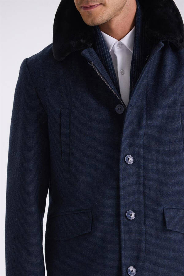 Navy Blue Regular Fit Removable Fur Collar Patterned Wool Coat - 7