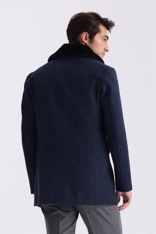 Navy Blue Regular Fit Removable Fur Collar Patterned Wool Coat - 8