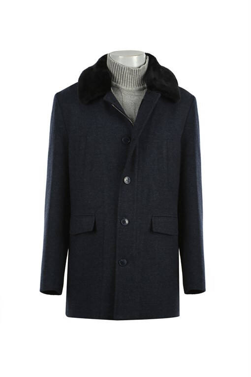 Navy Blue Regular Fit Removable Fur Collar Patterned Wool Coat - 9