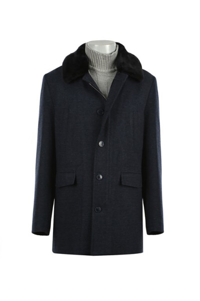 Navy Blue Regular Fit Removable Fur Collar Patterned Wool Coat - 10