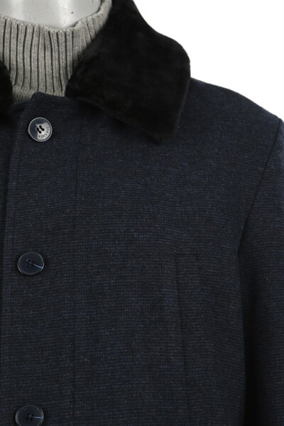 Navy Blue Regular Fit Removable Fur Collar Patterned Wool Coat - 11