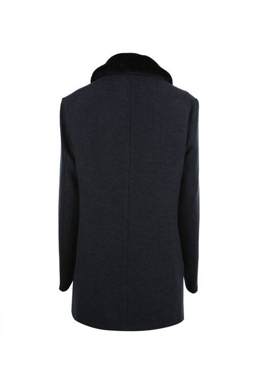 Navy Blue Regular Fit Removable Fur Collar Patterned Wool Coat - 13