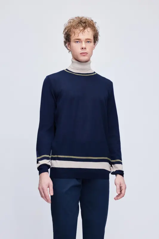 Navy Blue Regular Fit Striped Turtleneck Wool Blend - 1