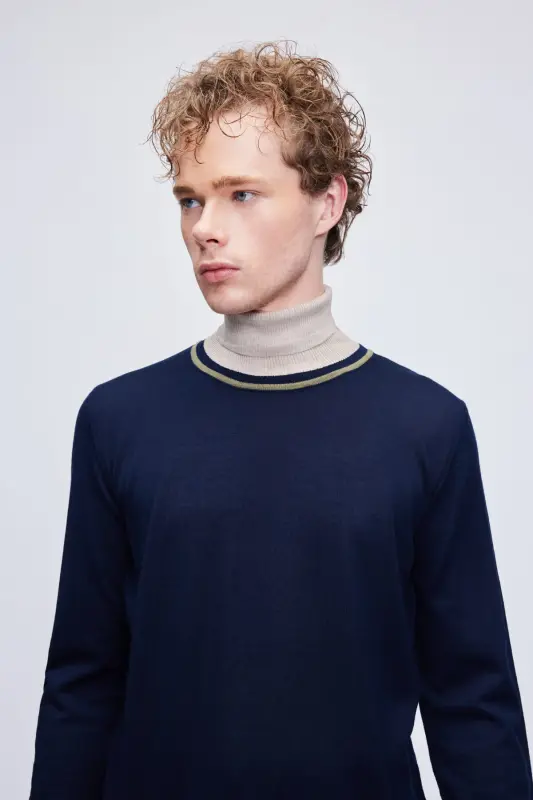 Navy Blue Regular Fit Striped Turtleneck Wool Blend - 2