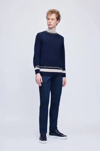 Navy Blue Regular Fit Striped Turtleneck Wool Blend - 3