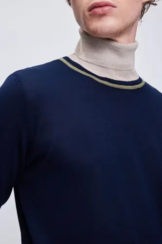 Navy Blue Regular Fit Striped Turtleneck Wool Blend - 4