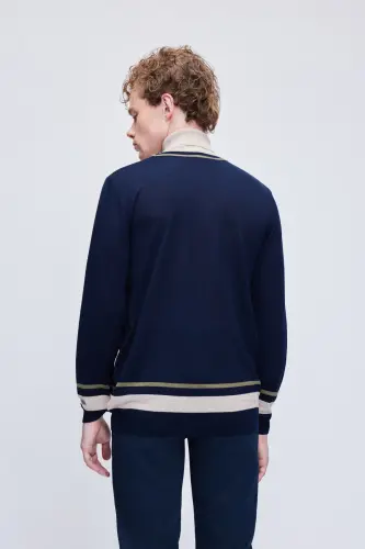 Navy Blue Regular Fit Striped Turtleneck Wool Blend - 5