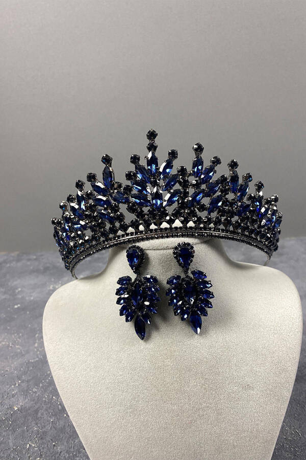 Navy Blue Rio Stone Bridal Henna Crown and Marquise Stone Earrings - 10