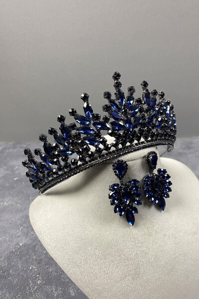 Navy Blue Rio Stone Bridal Henna Crown and Marquise Stone Earrings - 11