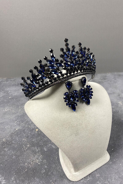 Navy Blue Rio Stone Bridal Henna Crown and Marquise Stone Earrings - 12