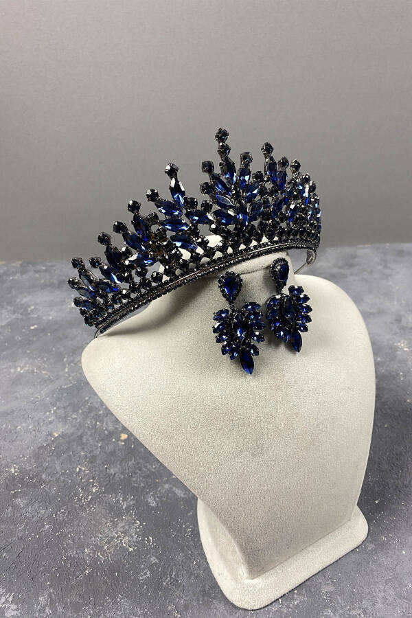 Navy Blue Rio Stone Bridal Henna Crown and Marquise Stone Earrings - 12