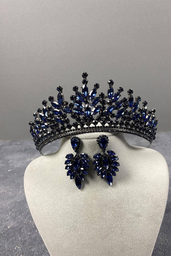 Navy Blue Rio Stone Bridal Henna Crown and Marquise Stone Earrings - 6