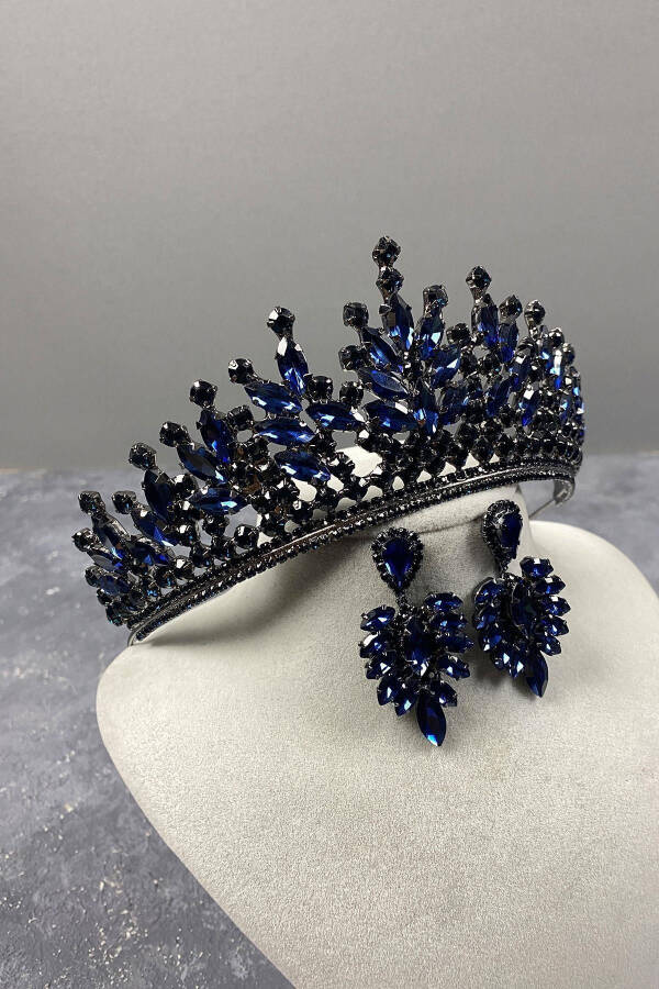 Navy Blue Rio Stone Bridal Henna Crown and Marquise Stone Earrings - 7