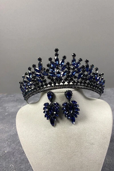 Navy Blue Rio Stone Bridal Henna Crown and Marquise Stone Earrings - 2