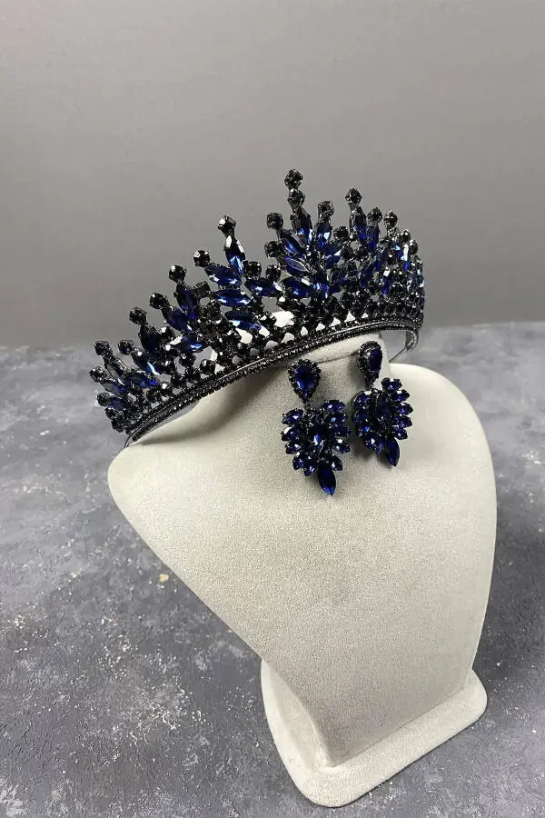 Navy Blue Rio Stone Bridal Henna Crown and Marquise Stone Earrings - 4