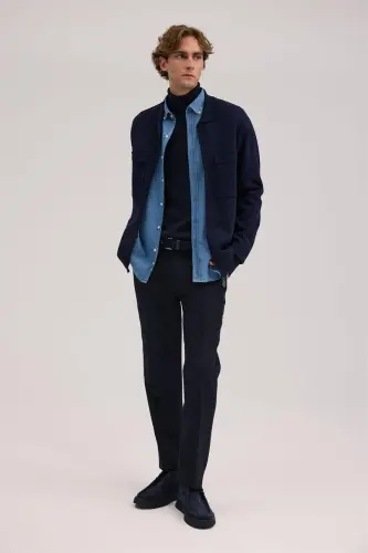 Navy Blue Slim Fit Baby Collar Zippered Pocketed Rayon Knitted Jacket - JAKAMEN (1)