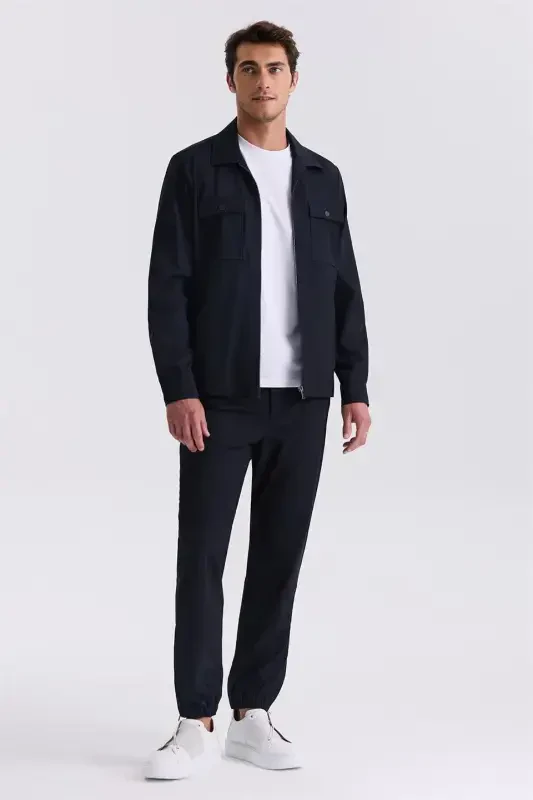 Navy Blue Slim Fit Band Collar Sports Suit - JAKAMEN