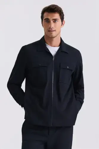 Navy Blue Slim Fit Band Collar Sports Suit - JAKAMEN (1)