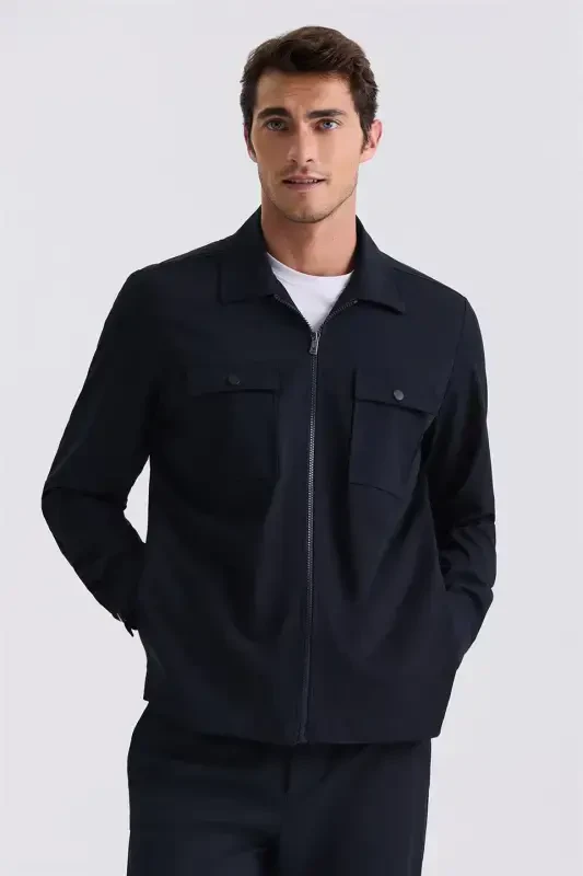 Navy Blue Slim Fit Band Collar Sports Suit - 2