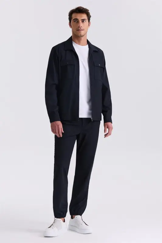 Navy Blue Slim Fit Band Collar Sports Suit - 1