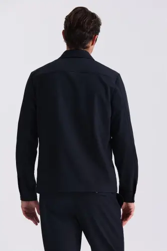Navy Blue Slim Fit Band Collar Sports Suit - 4