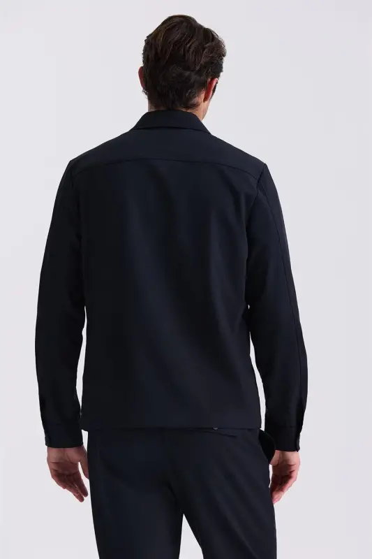 Navy Blue Slim Fit Band Collar Sports Suit - 4