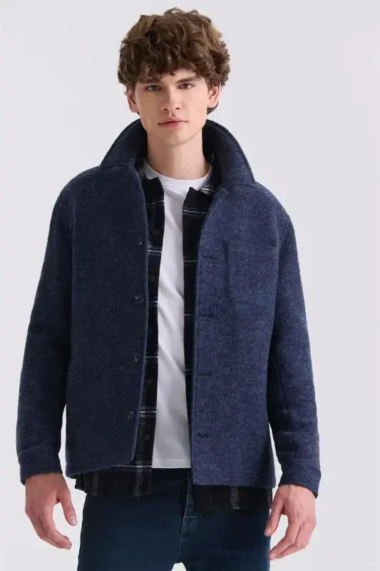 Navy Blue Slim Fit Berber Collar Wool Cashmere Overcoat - JAKAMEN
