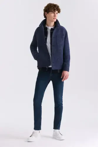 Navy Blue Slim Fit Berber Collar Wool Cashmere Overcoat - JAKAMEN (1)