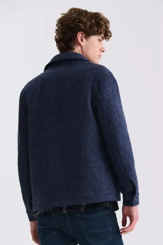 Navy Blue Slim Fit Berber Collar Wool Cashmere Overcoat - 4