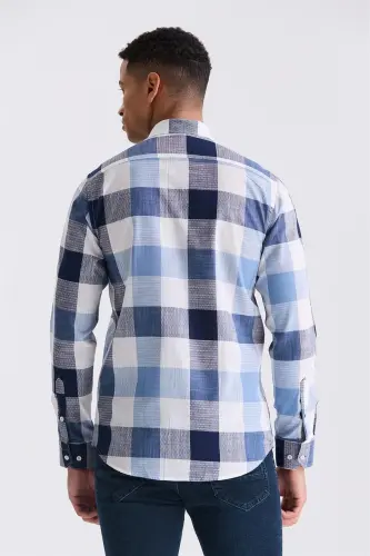 Navy Blue Slim Fit Button-Down Collar Plaid Check 100% Cotton Shirt - 4