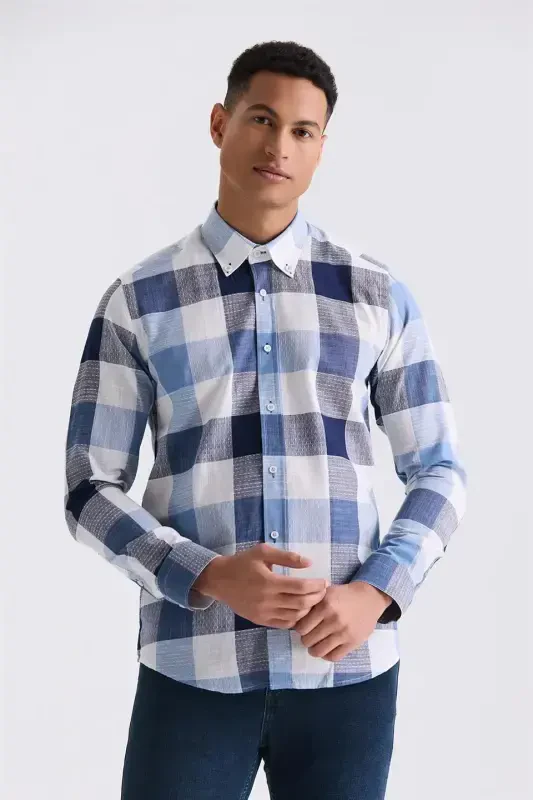 Navy Blue Slim Fit Button-Down Collar Plaid Check 100% Cotton Shirt - 1