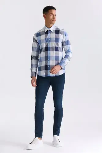 Navy Blue Slim Fit Button-Down Collar Plaid Check 100% Cotton Shirt - 2