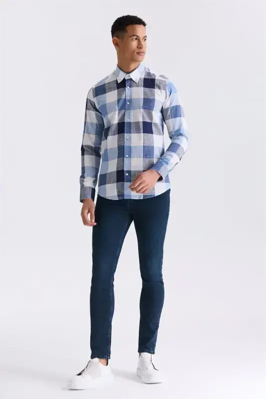 Navy Blue Slim Fit Button-Down Collar Plaid Check 100% Cotton Shirt - 2