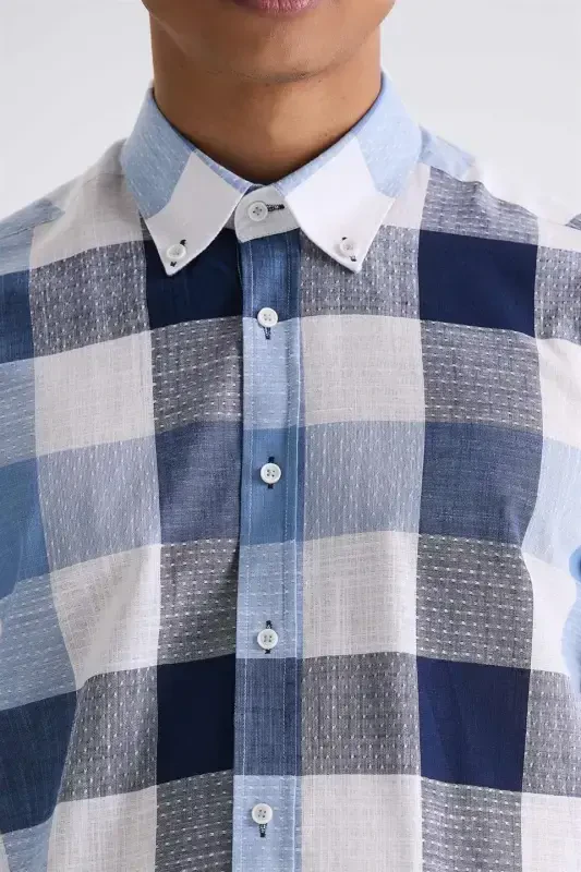 Navy Blue Slim Fit Button-Down Collar Plaid Check 100% Cotton Shirt - 3