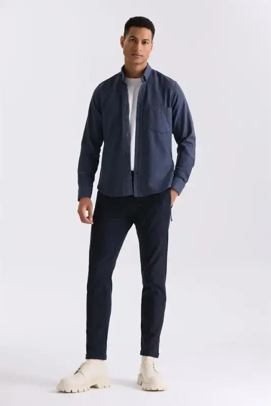 Navy Blue Slim Fit Button-Down Collar Shirt - 2